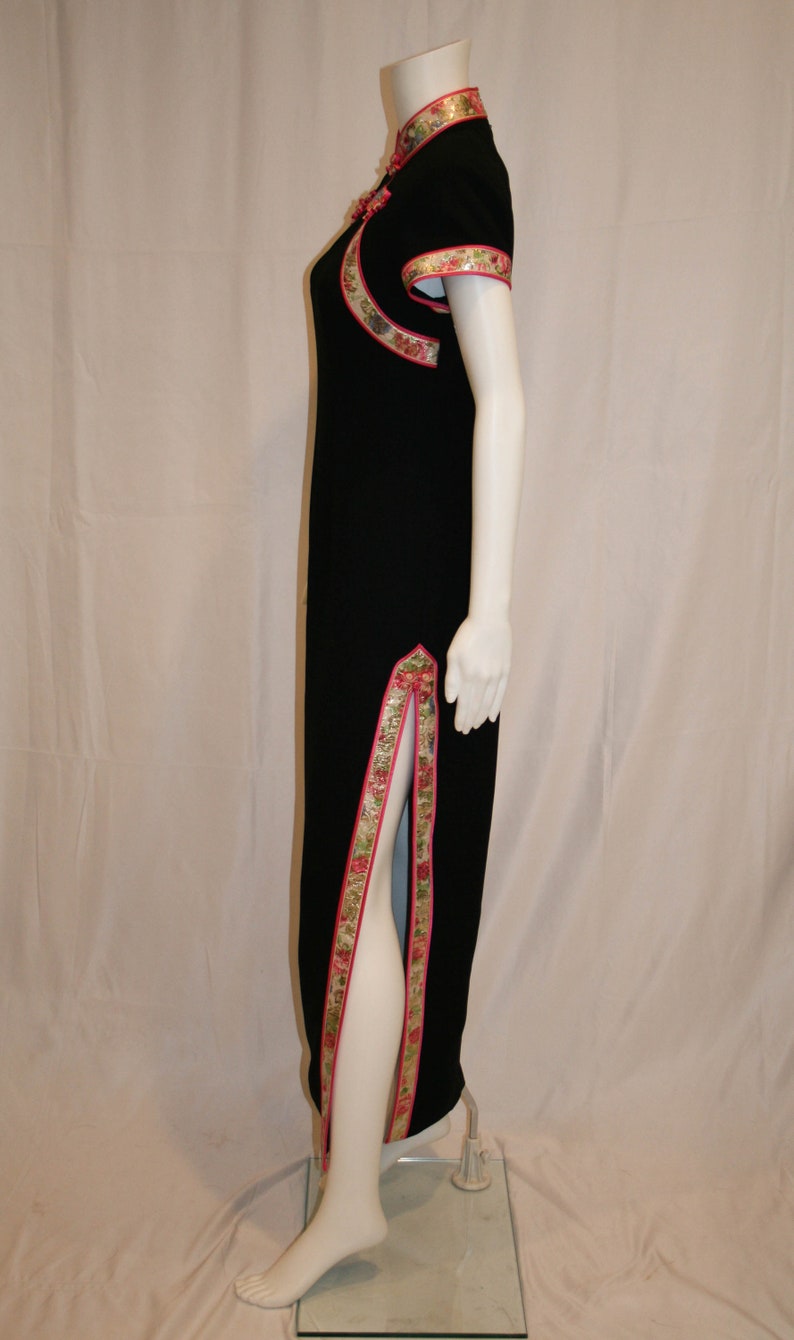 Vintage 1980s Cheongsam Black Dress With Lurex Trim and Side Slits image 5