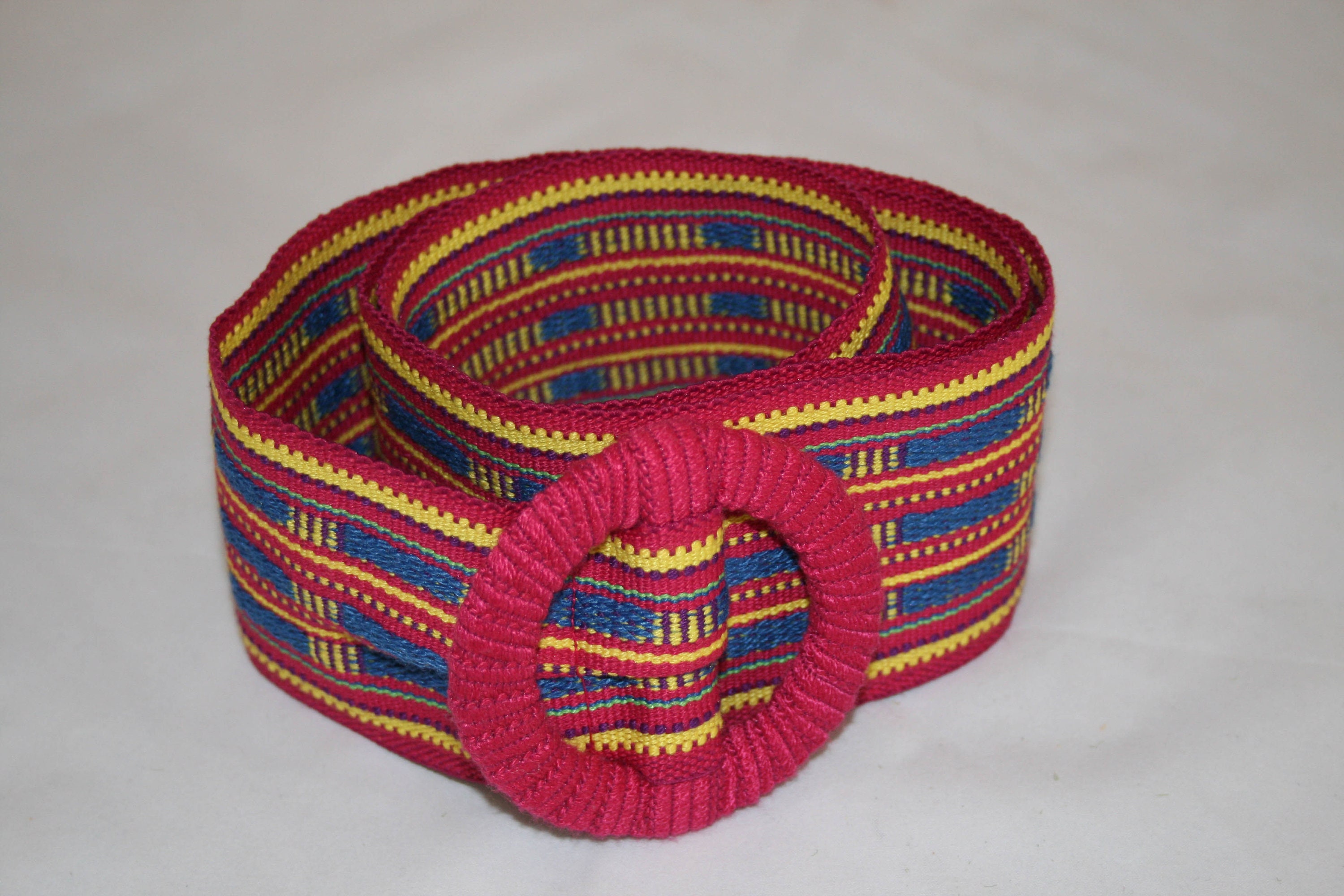 Vintage Woven Belt: Fuchsia Buckle, Blue & Yellow Textile  display picture 1