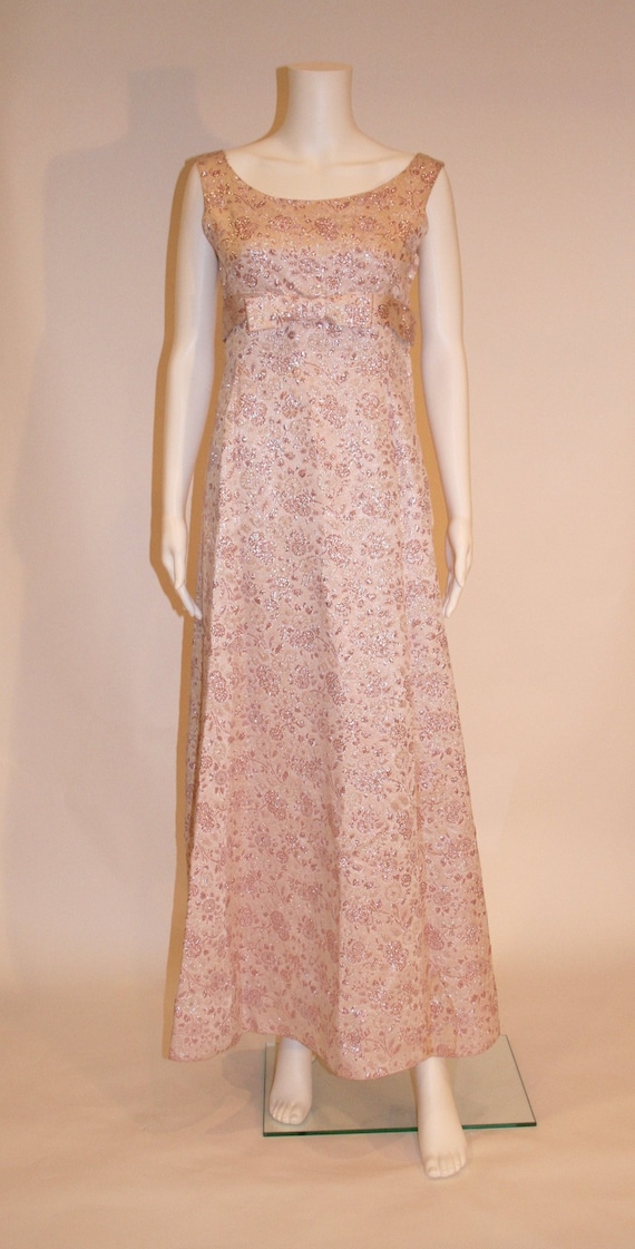 Vintage 1960s Pink Brocade Maxi Dress, Brocade Gow