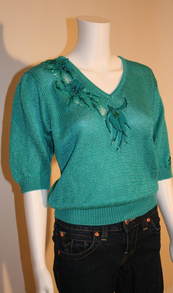 Italian Vintage 80s Teal Applique Sweater