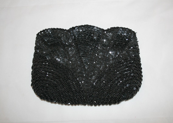 Vintage 1980s Black Sequin Clutch Evening Bag - image 2