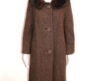 Vintage 1950s Brown Boucle Wool Coat with Mink Collar