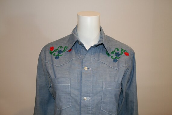 Vintage 1970s Embroidered Chambray Blouse - image 2