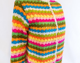 1960s Crochet Acrylic Vibrant Colored Cardigan -Small