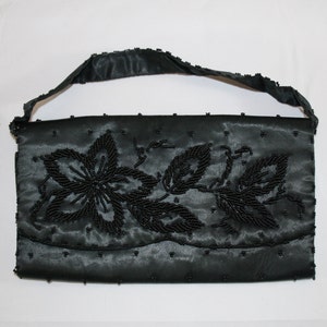 Vintage 60s Black Satin Beaded Clutch