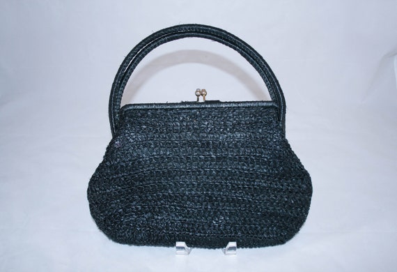 Vintage 1950s Navy Raffia Straw Handbag - image 1