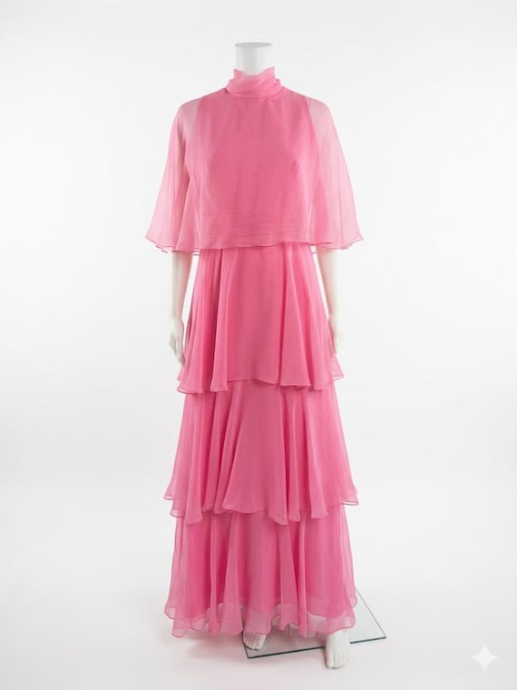 1960s Miss Elliette California Pink Chiffon Tiered Maxi Dress