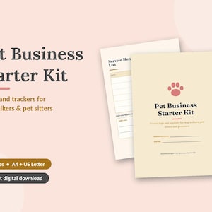 Peut inclure: Un kit de démarrage pour entreprise animalière comprenant 12 pages de formulaires et de suivis pour promeneurs de chiens et gardiens d'animaux. L'ensemble inclut une page de garde avec une icône de patte et des listes de services.