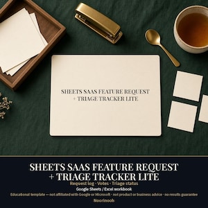 Könnte beinhalten: Eine rechteckige weiße Karte mit dem schwarzen Text SHEETS SAAS FEATURE REQUEST + TRIAGE TRACKER LITE. Die Karte ist umgeben von einem Holztablett mit weißen Papierquadraten, einem goldenen Hefter, einem goldenen Löffel, einer Tasse und drei losen Papierquadraten.