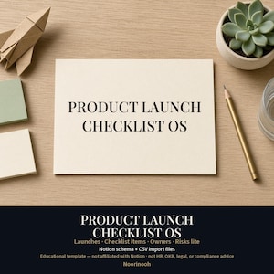 May include: A rectangular card with the text PRODUCT LAUNCH CHECKLIST OS, accompanied by a paper rocket, two sticky notes with checkbox icons, a succulent in a pot, and a pencil. Below, text reads PRODUCT LAUNCH CHECKLIST OS, Launches, Checklist items, Owners, Risks lite, Notion schema, CSV import files, Educational template, Noorinooh.