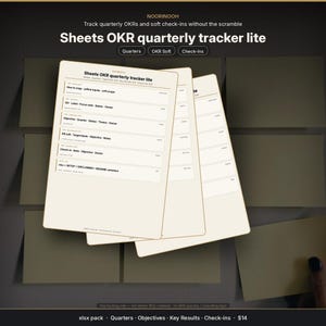 Könnte beinhalten: Eine digitale Tabellenvorlage mit dem Titel Sheets OKR quarterly tracker lite, die Abschnitte für Quartale, Ziele, Schlüsselergebnisse und Check-ins enthält. Die Benutzeroberfläche zeigt Textfelder zur Verfolgung von Zielen, Status und Verantwortlichen.