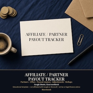 May include: A white card with the black text AFFILIATE / PARTNER PAYOUT TRACKER, accompanied by a coffee mug, a stack of gold coins, a gold paperclip, a black pen, and a brown envelope. The bottom section displays the same title with additional text.