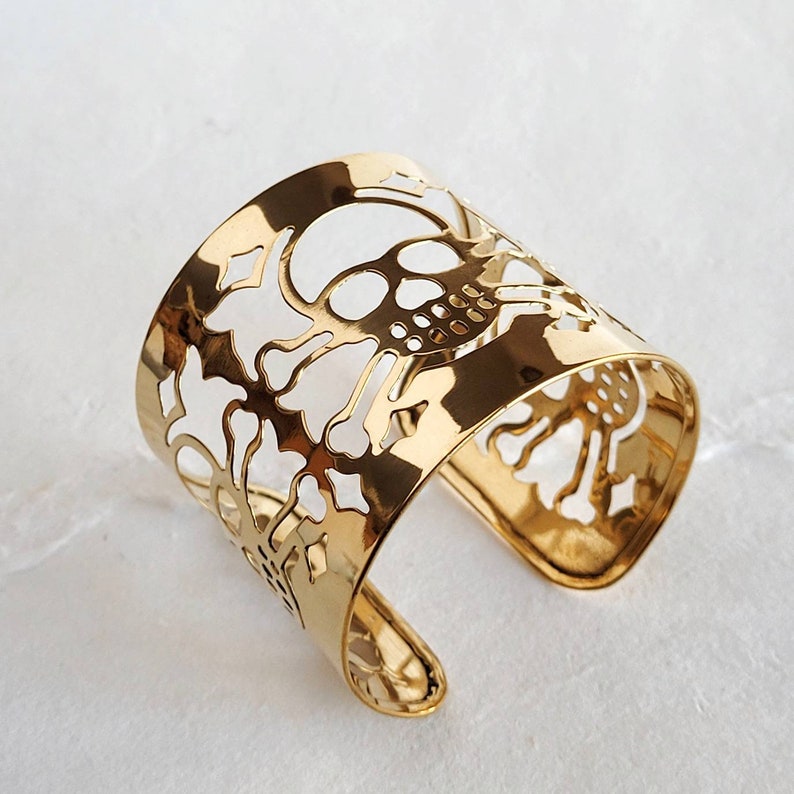 Brass skull cuff bracelet silver option cutout laser cut image 3