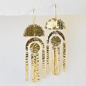Hammered brass circles geometric handmade chandelier long tribal dangling brass earrings