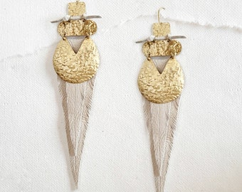 Big huge hammered brass and leather feather earrings deerskin leather choose color stunning handmade statement jewelry duster long earrings