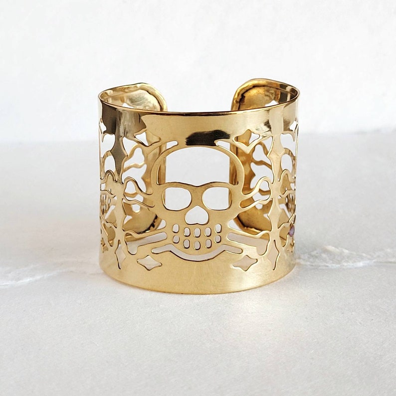 Brass skull cuff bracelet silver option cutout laser cut image 1