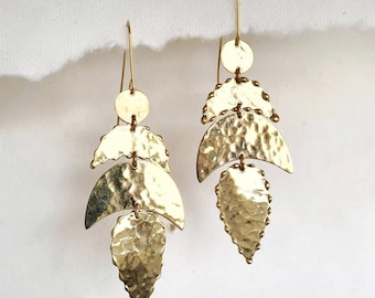 Hammered brass geometric handmade chandelier dangling brass earrings