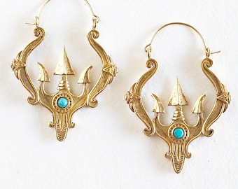 Turquoise brass Hoop trident large handmade Earrings