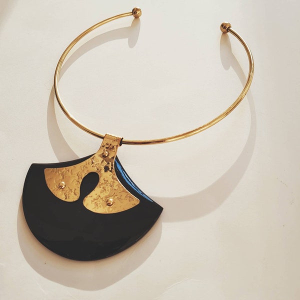 Black Horn genuine carved horizon abstract art hammered brass choker round pendant statement necklace handcrafted exclusive designer Bisjoux