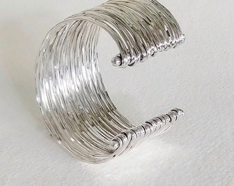 Silver layered wire wires cuff bracelet hammered handmade