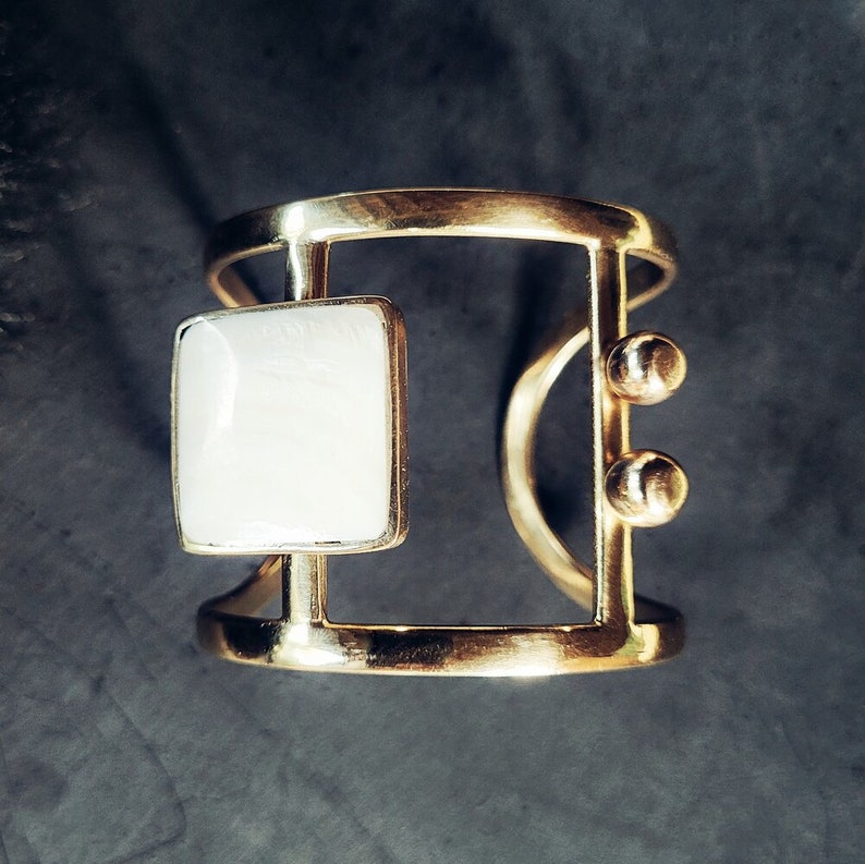 Brass Modern MOP seashell mother of pearl Gold Cuff statement bracelet Bisjoux handmade image 4