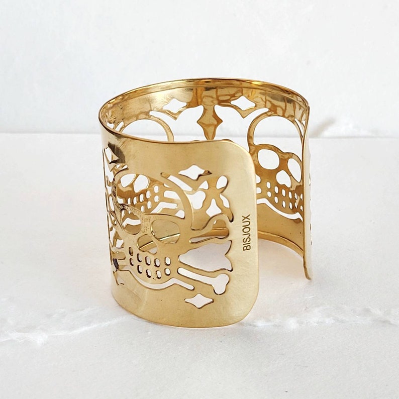 Brass skull cuff bracelet silver option cutout laser cut image 2