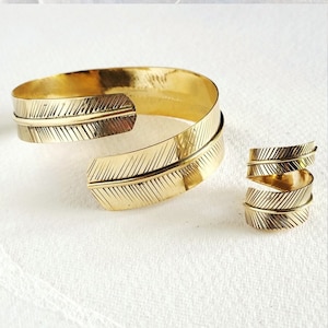 Brass wrap leaf feather bangle  cuff bracelet or ring handcrafted