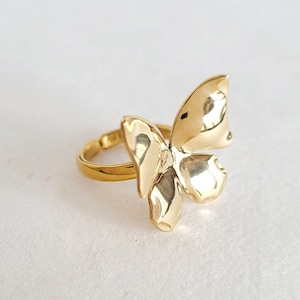 May include: A gold butterfly ring with a textured finish. The ring is adjustable and has a simple design.