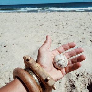 May include: A hand holding a white seashell on a sandy beach. The hand is wearing a wooden bracelet with gold accents.