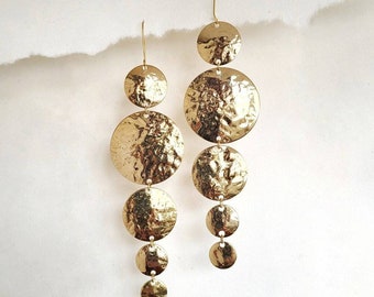 Hammered brass circles tion geometric handmade chandelier long tribal dangling brass earrings