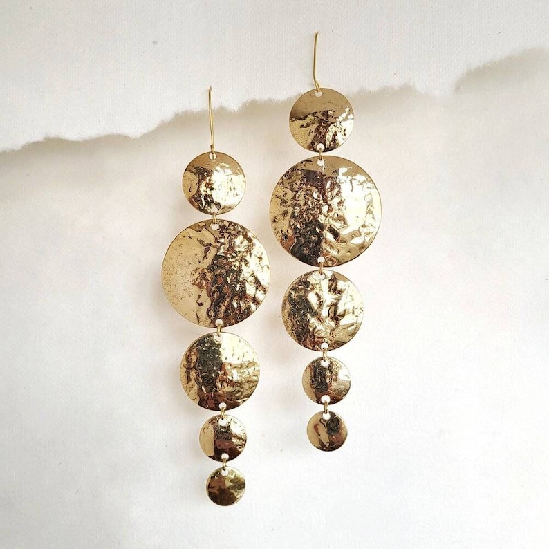 Hammered brass circles tion geometric handmade chandelier long tribal dangling brass earrings image 1