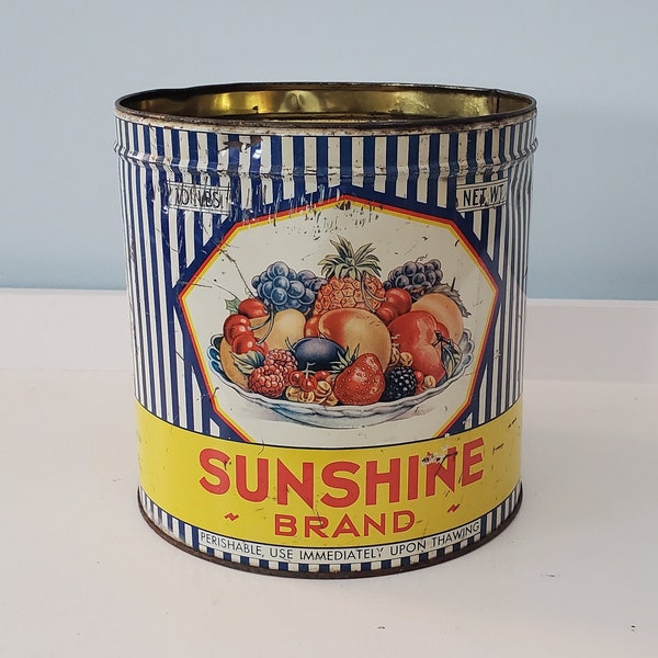 1950'S Sunshine Brand Fruits Vintage Advertising Tin Can, Sunshine Packing Corporation of Pennsylvania