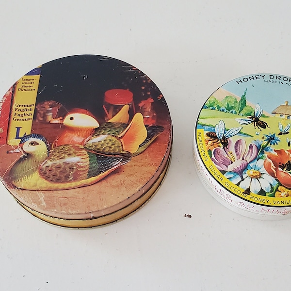 2 Little Vintage Storage Tins, Honey Drops Tissot, Paris France, Ducks Tin - Tiny Storage Metal Tins