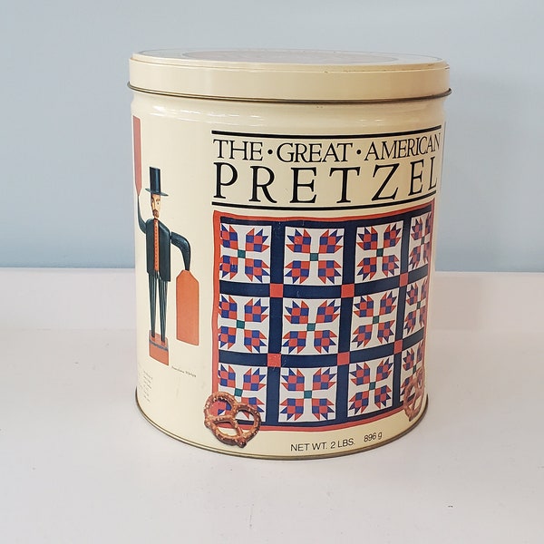 The Great American Quilt, Pretzel Tin - Vintage Advertising Tin Can, Snacktime Company, Pennsylvania Whirlwig, Texas Star, Bear Clam Quilts