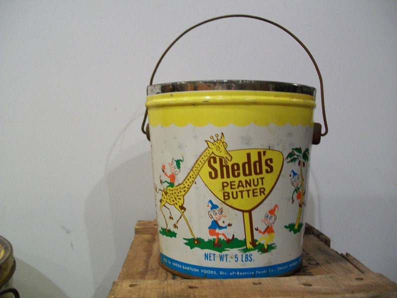 Shedd's Peanut Butter Bucket, 1950's 1960's Advertising Collectible Metal Container, Rustic Farm