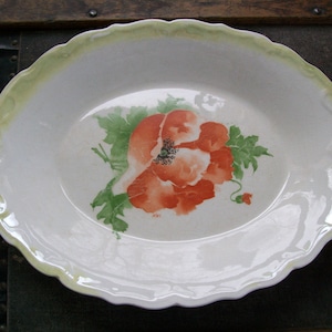 Vintage Oval Dish Platter - Hand Painted Serving Dish - Orange Flower Green Leaves