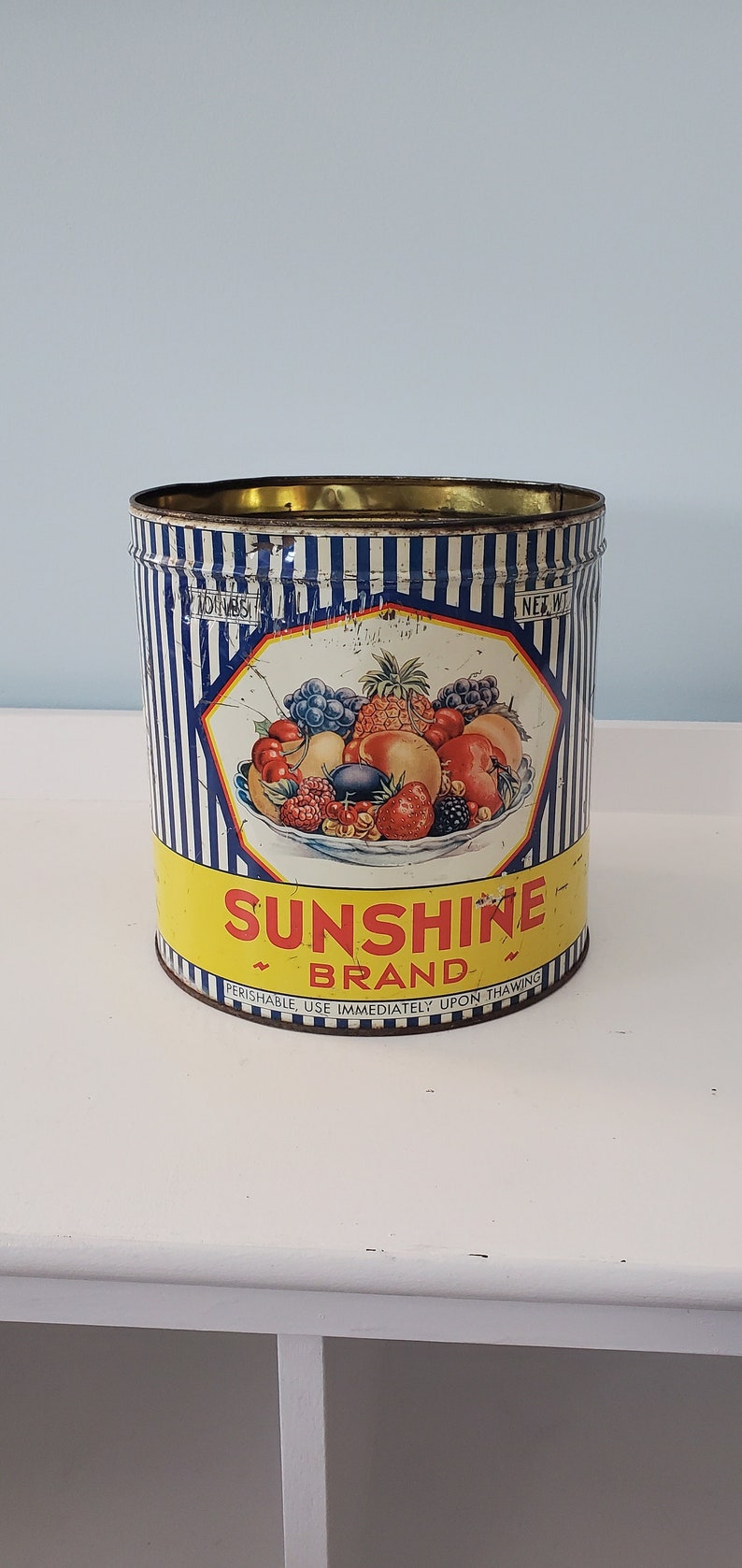 1950'S Sunshine Brand Fruits Vintage Advertising Tin Can, Sunshine Packing Corporation of Pennsylvania image 1