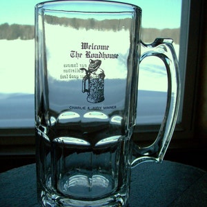 CLEARANCE SALE: Huge Vintage Roadhouse Heavy Glass Beer Mug - Vintage Advertising Restaurant Stein