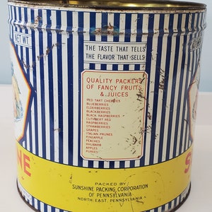 1950'S Sunshine Brand Fruits Vintage Advertising Tin Can, Sunshine Packing Corporation of Pennsylvania image 5