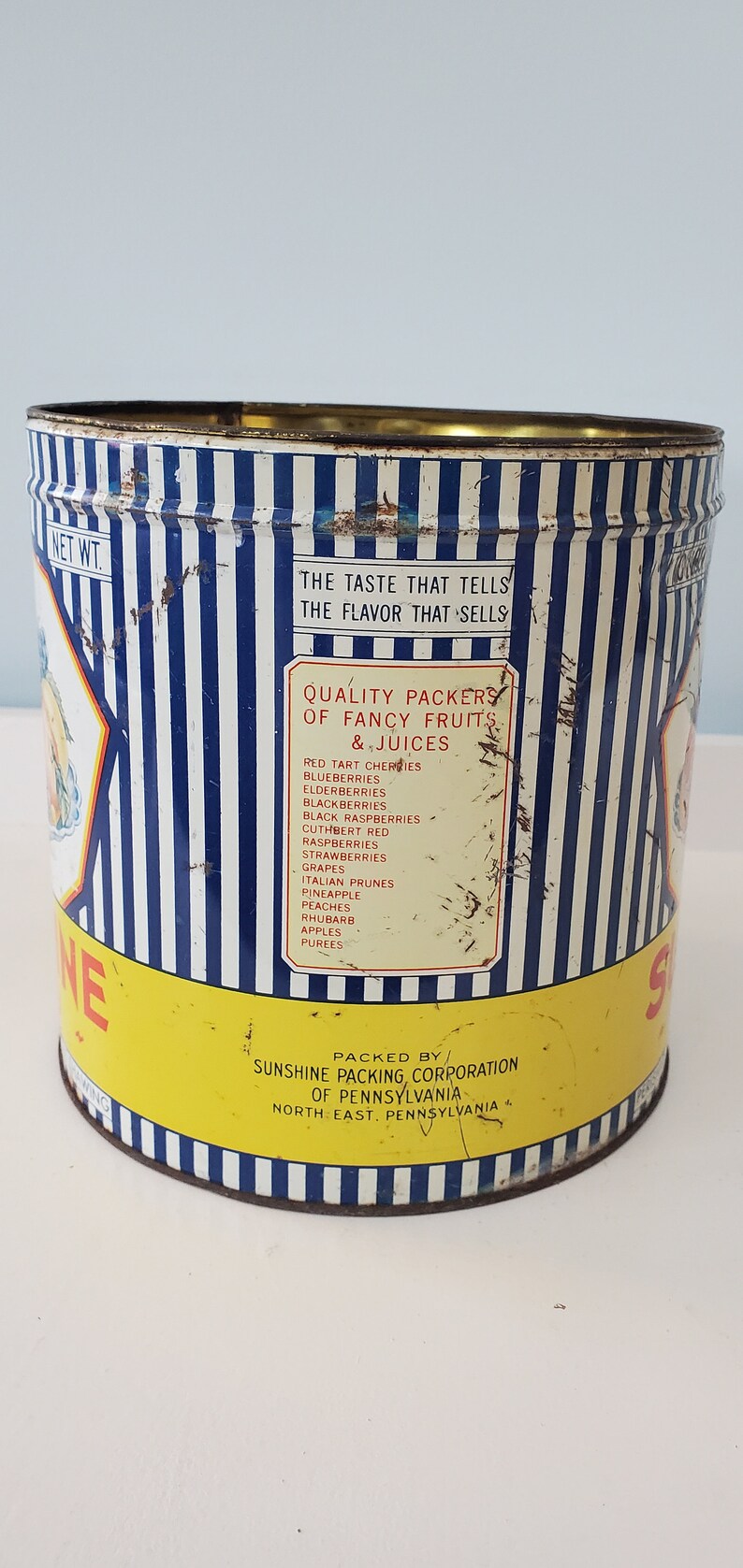 1950'S Sunshine Brand Fruits Vintage Advertising Tin Can, Sunshine Packing Corporation of Pennsylvania image 5