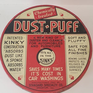 Vintage Advertising Tin, Dust-Puff duster & cleaner for Automobiles and furniture, It&#39;s all in the Kinks, Kinky construction