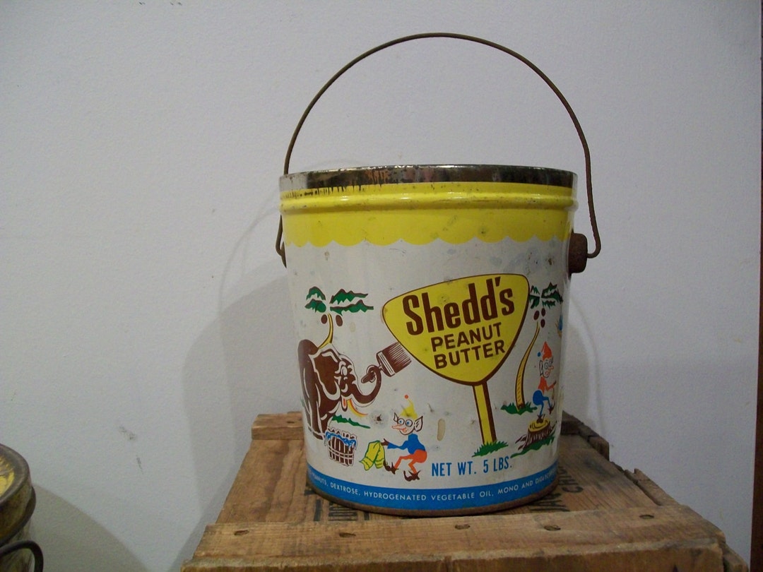 Shedd's Peanut Butter Bucket, 1950's 1960's Advertising Collectible Metal Container, Rustic Farm
