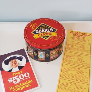 Vintage Quaker Oats tin - 80&#39;s Collectible Advertising Tin, Original Cookie Recipes & Coupons