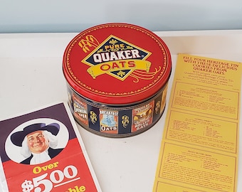 Vintage Quaker Oats tin - 80's Collectible Advertising Tin, Original Cookie Recipes & Coupons