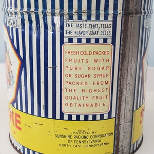 1950'S Sunshine Brand Fruits Vintage Advertising Tin Can, Sunshine Packing Corporation of Pennsylvania image 3