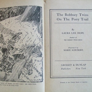 May include: Black and white illustration of three children riding horses in a snowy landscape. The caption reads "Ride as hard as you can!" he shouted. The Bobbsey Twins on the Pony Trail.