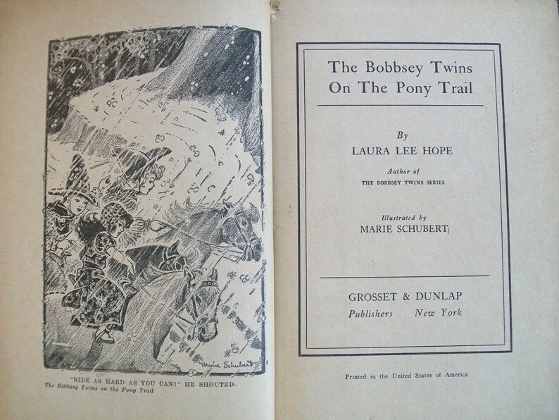 May include: Black and white illustration of three children riding horses in a snowy landscape. The caption reads "Ride as hard as you can!" he shouted. The Bobbsey Twins on the Pony Trail.