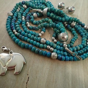 4 PC Set ~ Vintage Smiling Elephant Pendant on a Handcrafted Green Clay Beaded 4 Strands Necklace and a PR of Silver Tone Ball Screw-on ERs