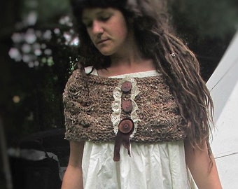 Woodland FAIRY shawl... brown Knit Wool, Lace, Manzanita Buttons, Leather...