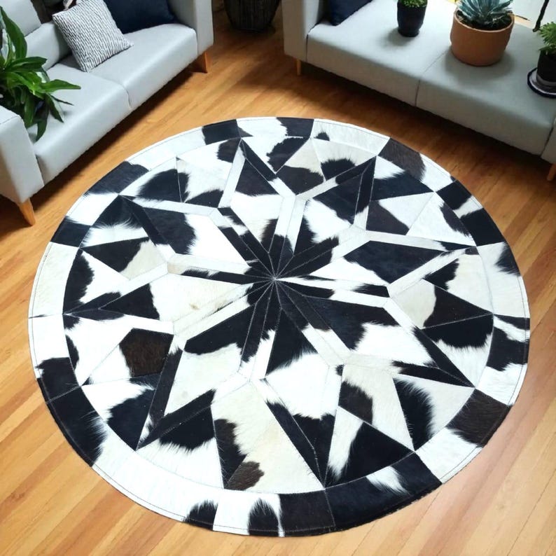 Round Black and White Cowhide Patchwork Rug, Geometric Starburst Area ...